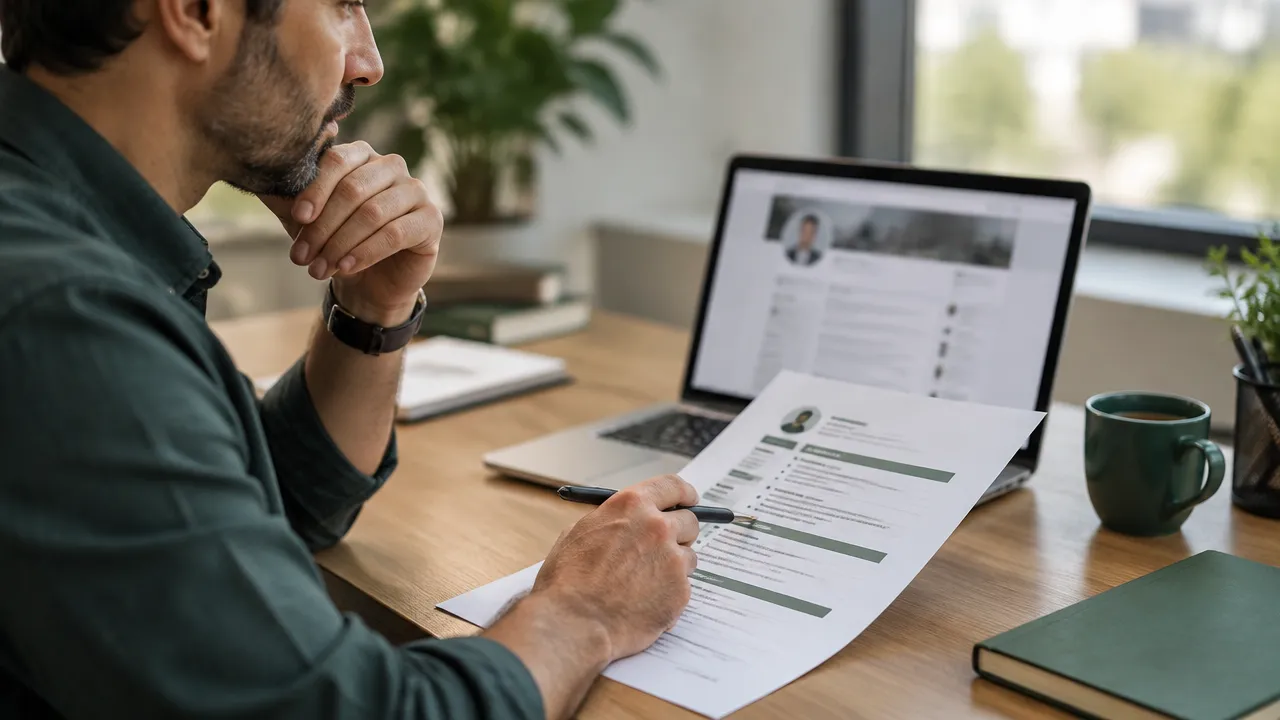 Profissional compara currículo e perfil digital para alinhar a apresentação de sua experiência ao objetivo de carreira.