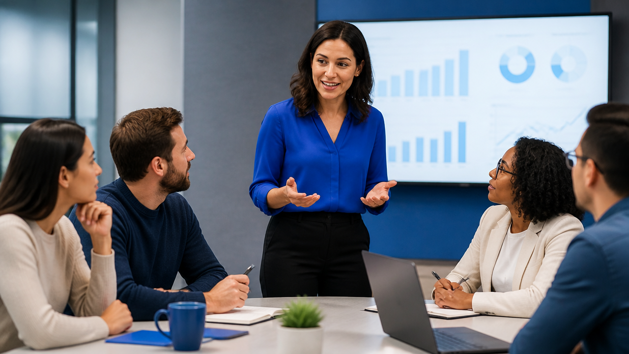 Líder conduzindo treinamento de comunicação e feedback em equipe corporativa