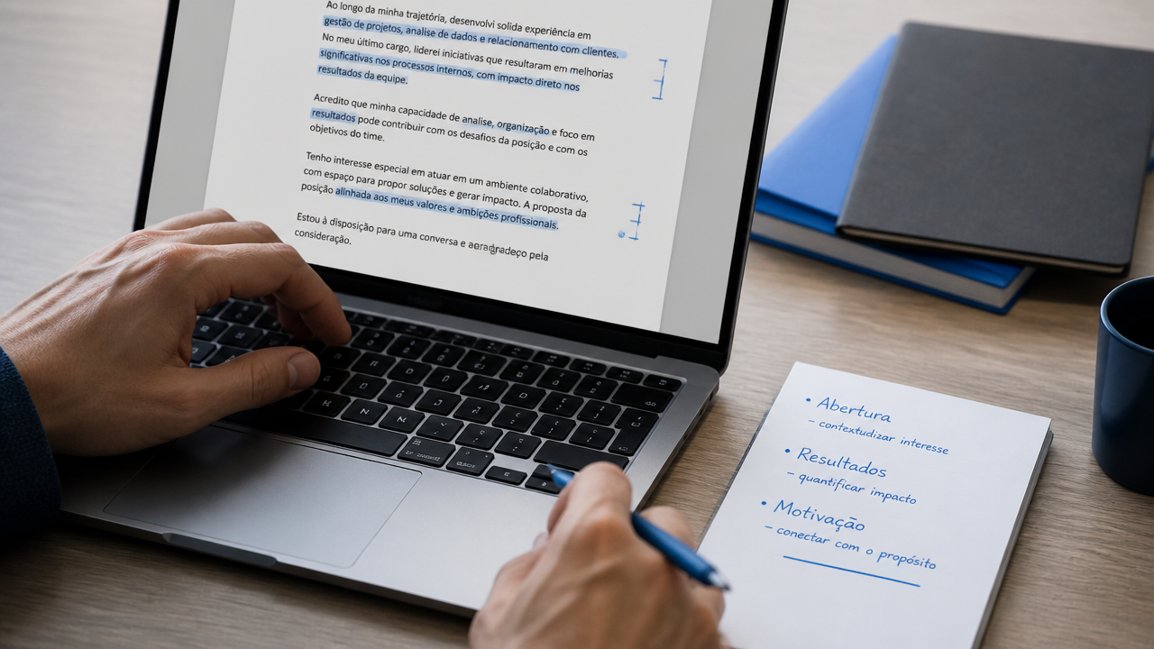 Close de mãos editando uma carta de apresentação no notebook com anotações ao lado