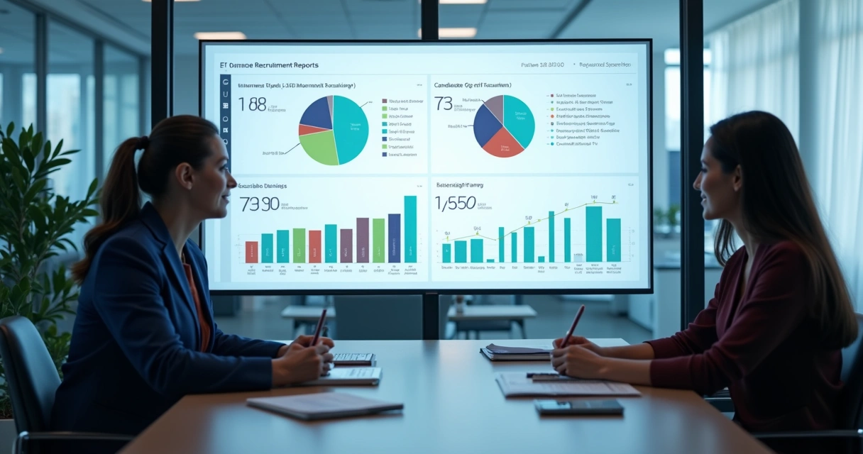 Equipe de RH analisando relatórios de recrutamento 