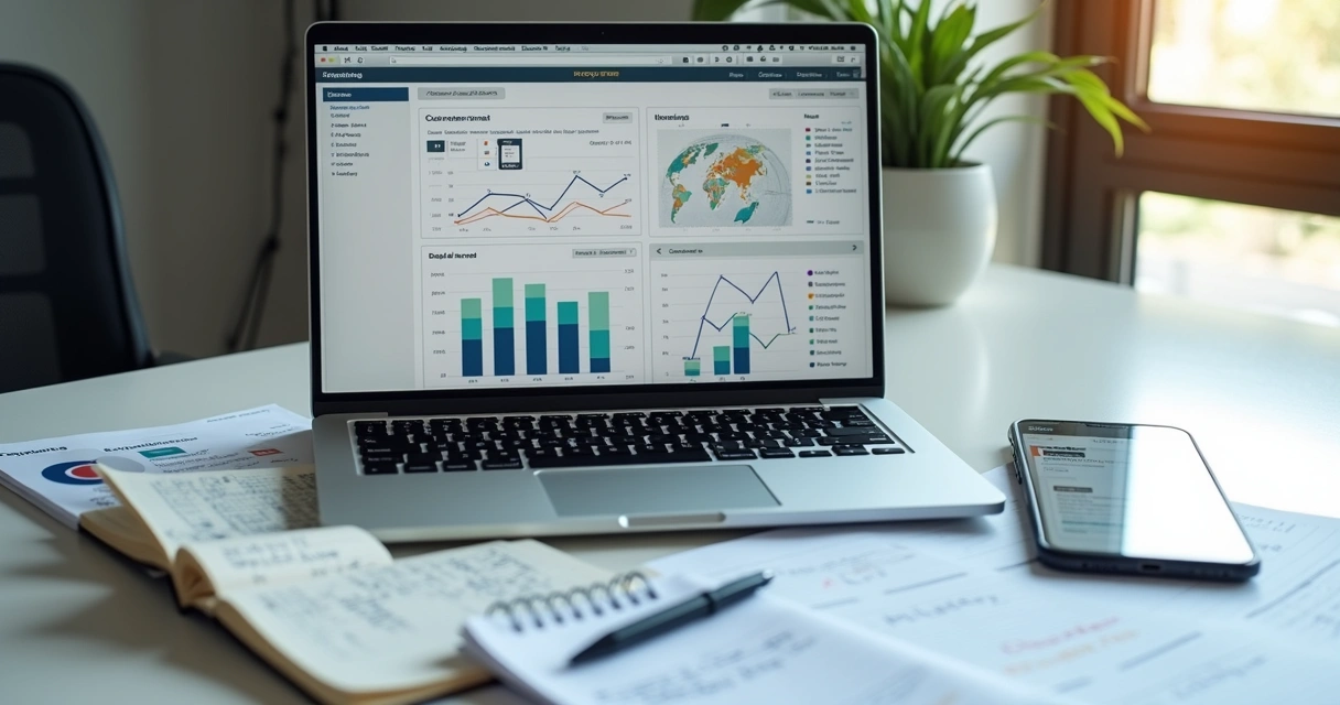 Painel com gráficos de carreira e anotações em mesa de trabalho 