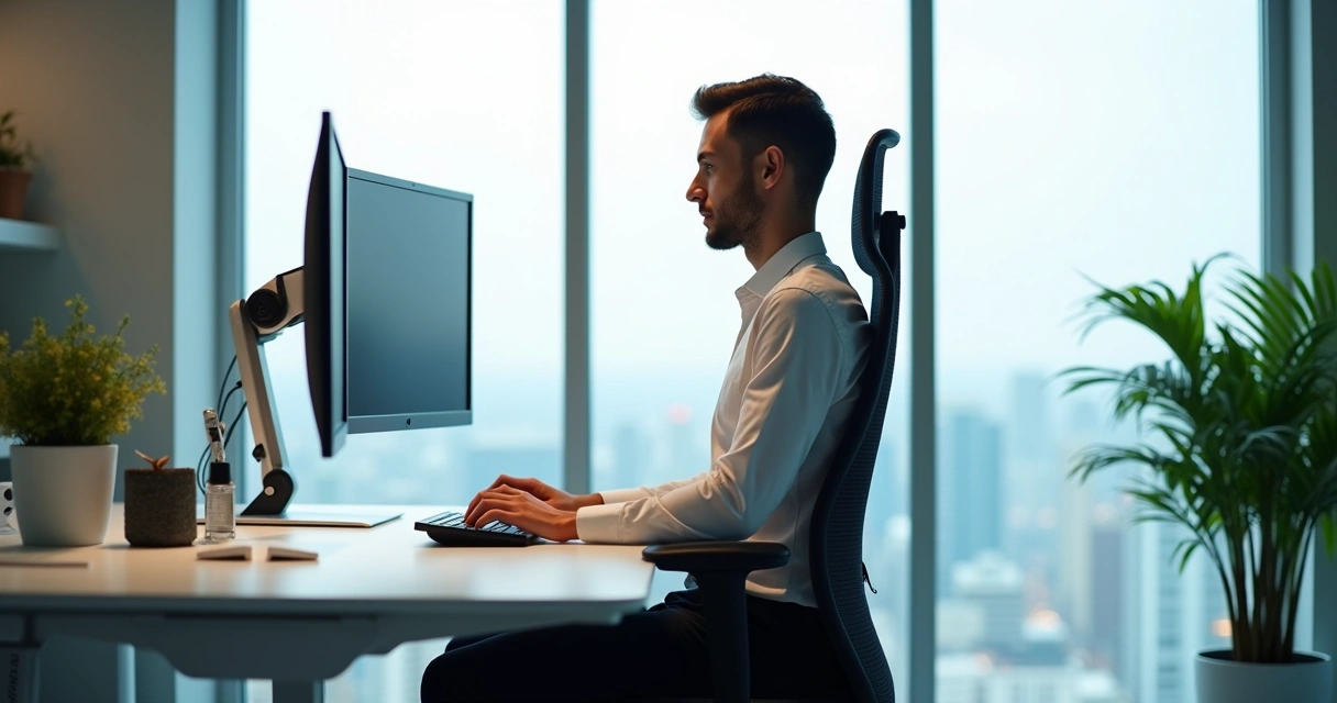 Estação de trabalho ergonômica em escritório bem iluminado 