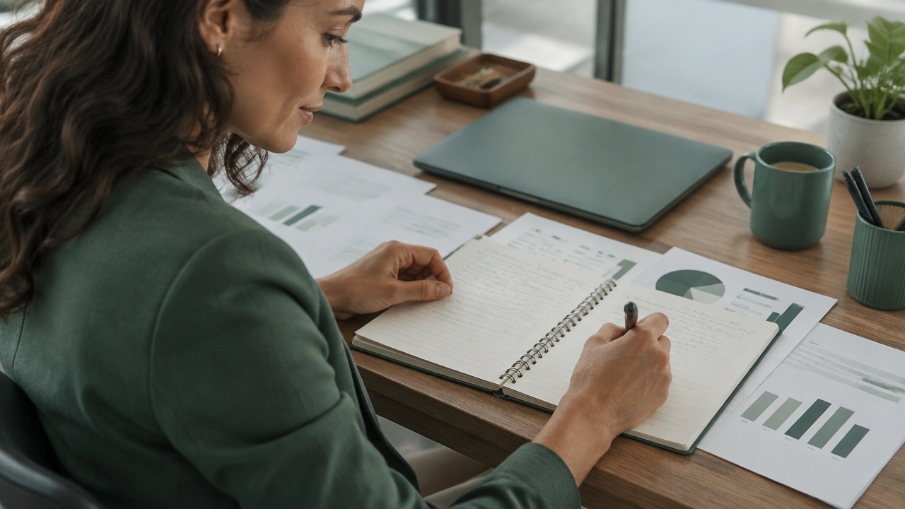 Profissional experiente organiza notas de feedback e exemplos de resultados para reconhecer suas contribuições e planejar a carreira.