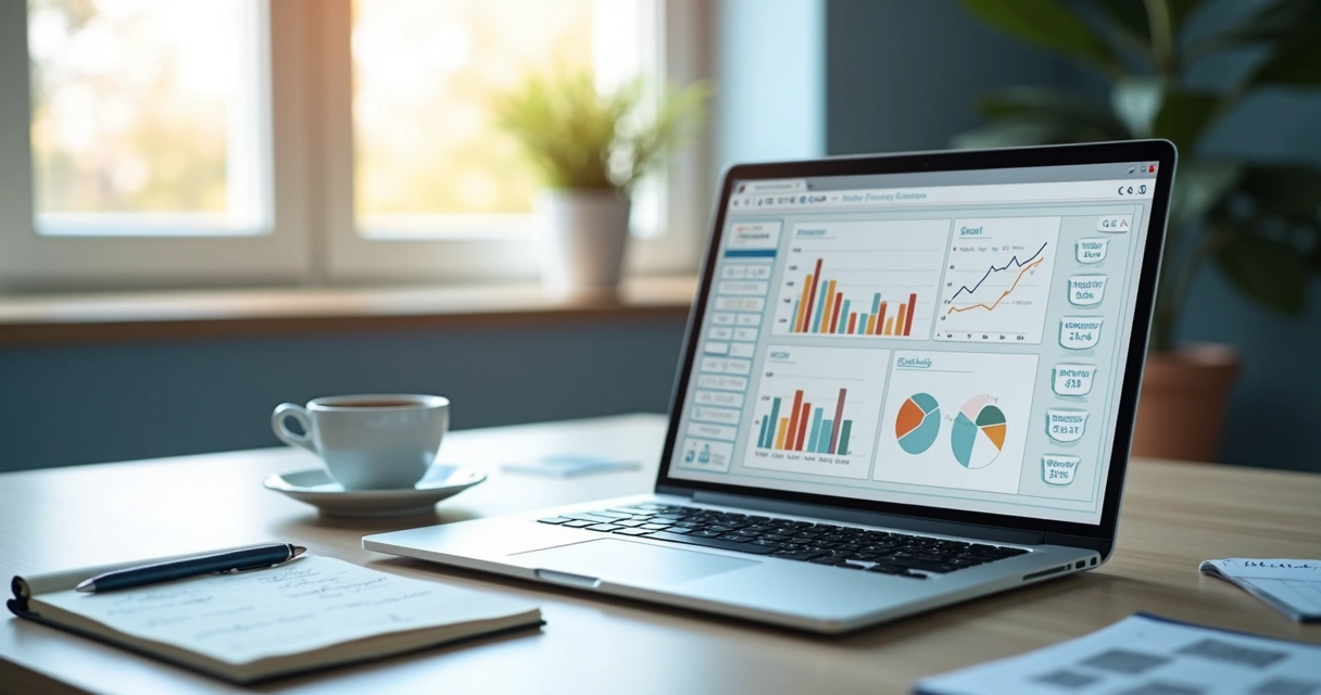 Painel com gráficos de carreira em notebook e caderno