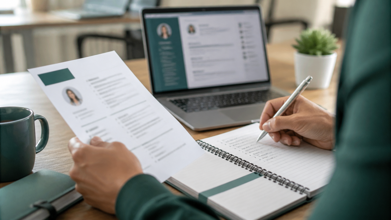 Mesa de trabalho com notebook e anotações usadas para revisar currículo e perfil profissional.