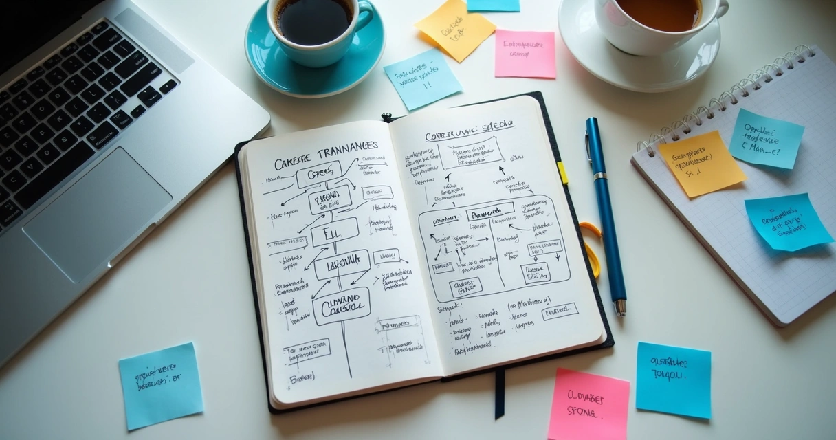 Caderno com mapa de opções de carreira sobre mesa de trabalho