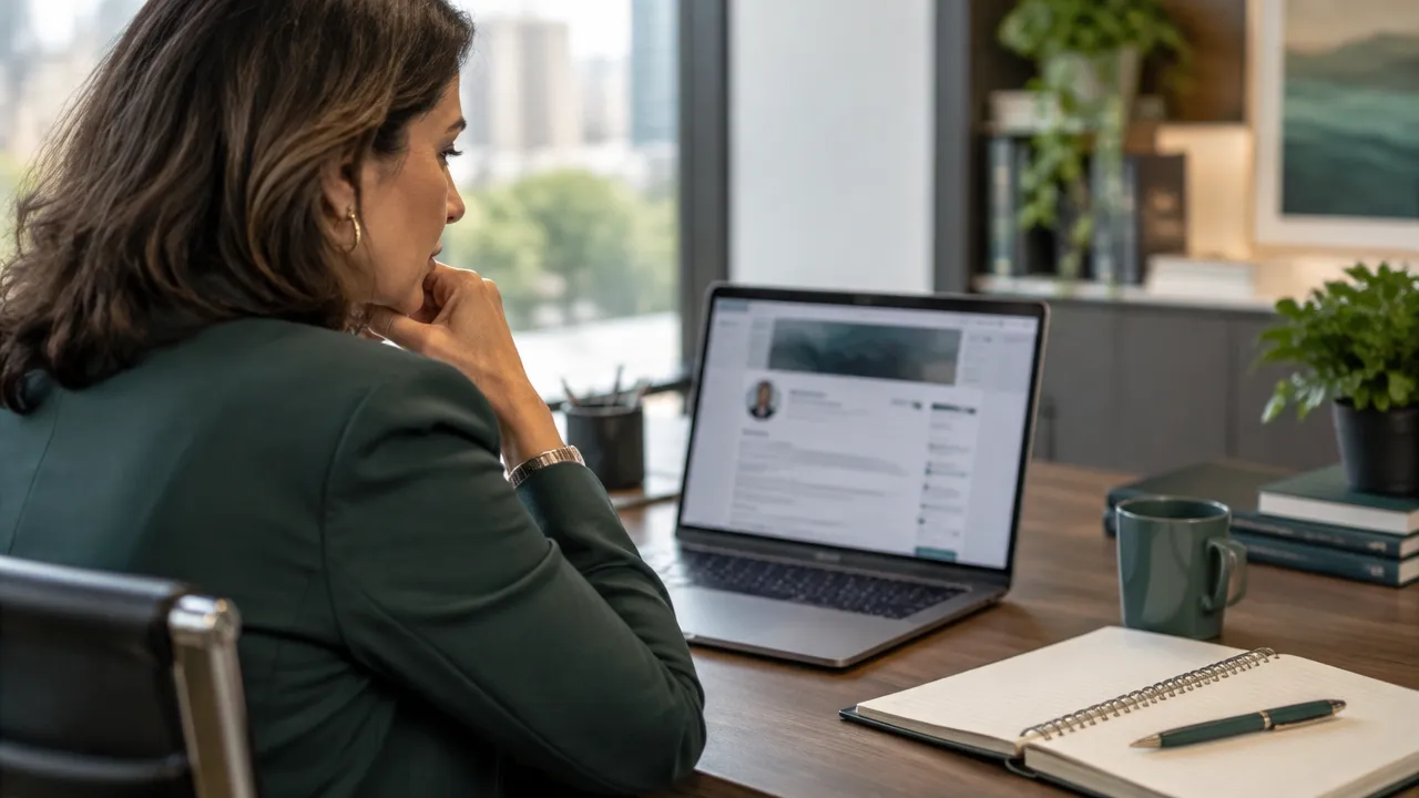 Liderança experiente revisa o perfil profissional no laptop com caderno ao lado