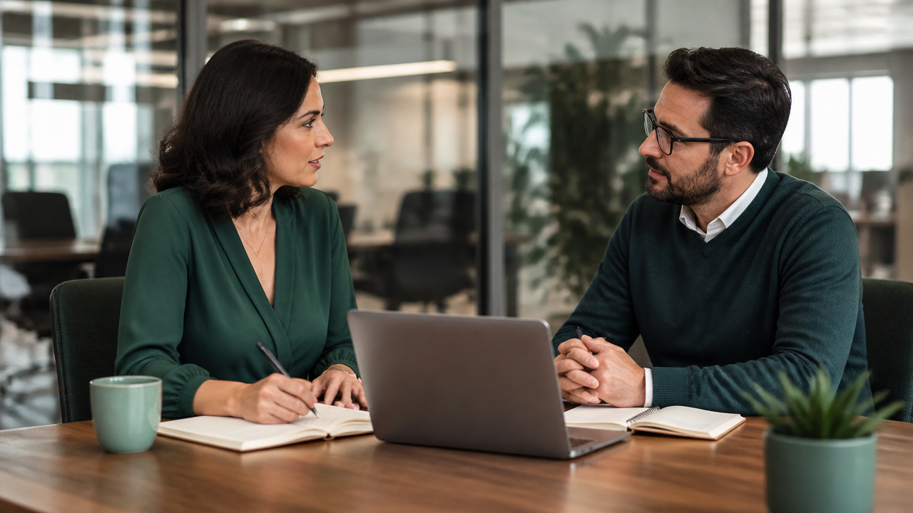 Conversa entre profissional e gestor sobre desenvolvimento e promoção