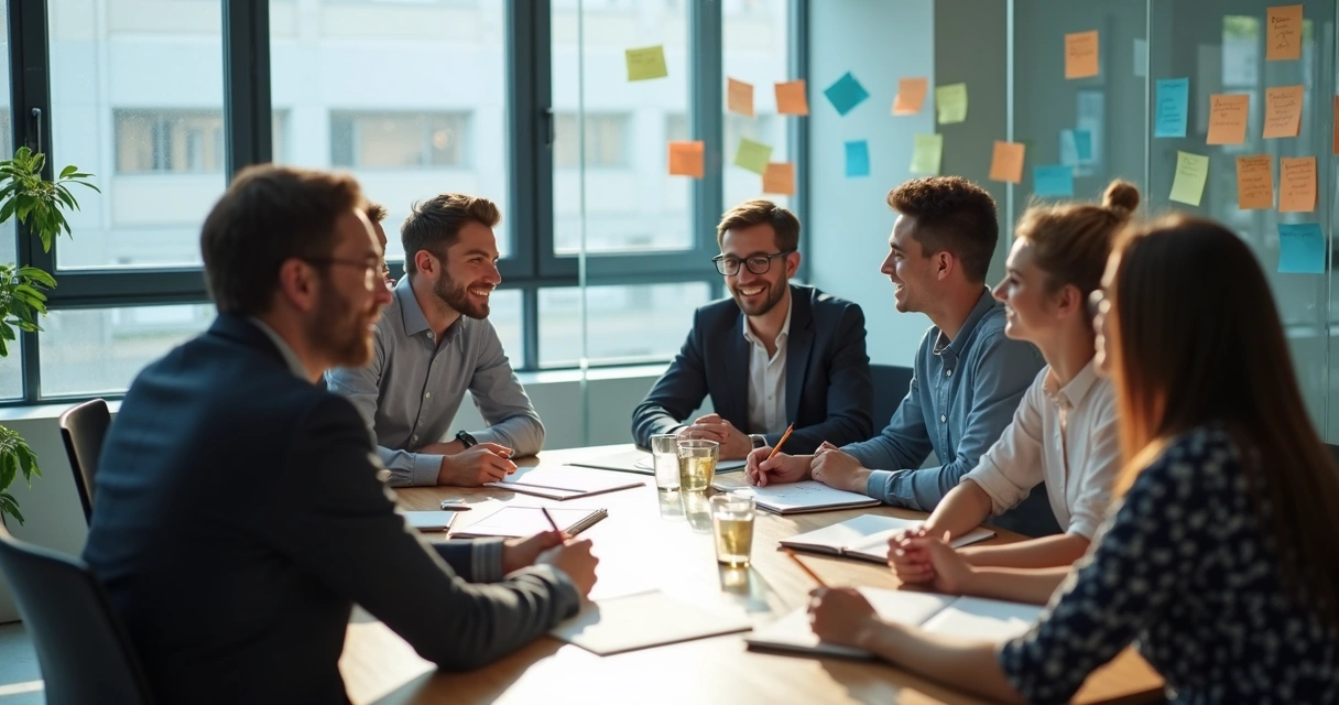 Equipe reunida em escritório com clima positivo de colaboração