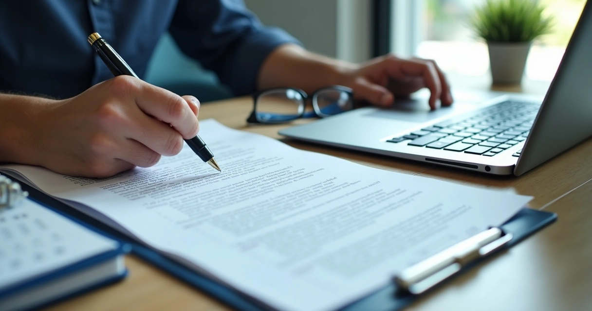 Pessoa analisando proposta de emprego com anotações e laptop 