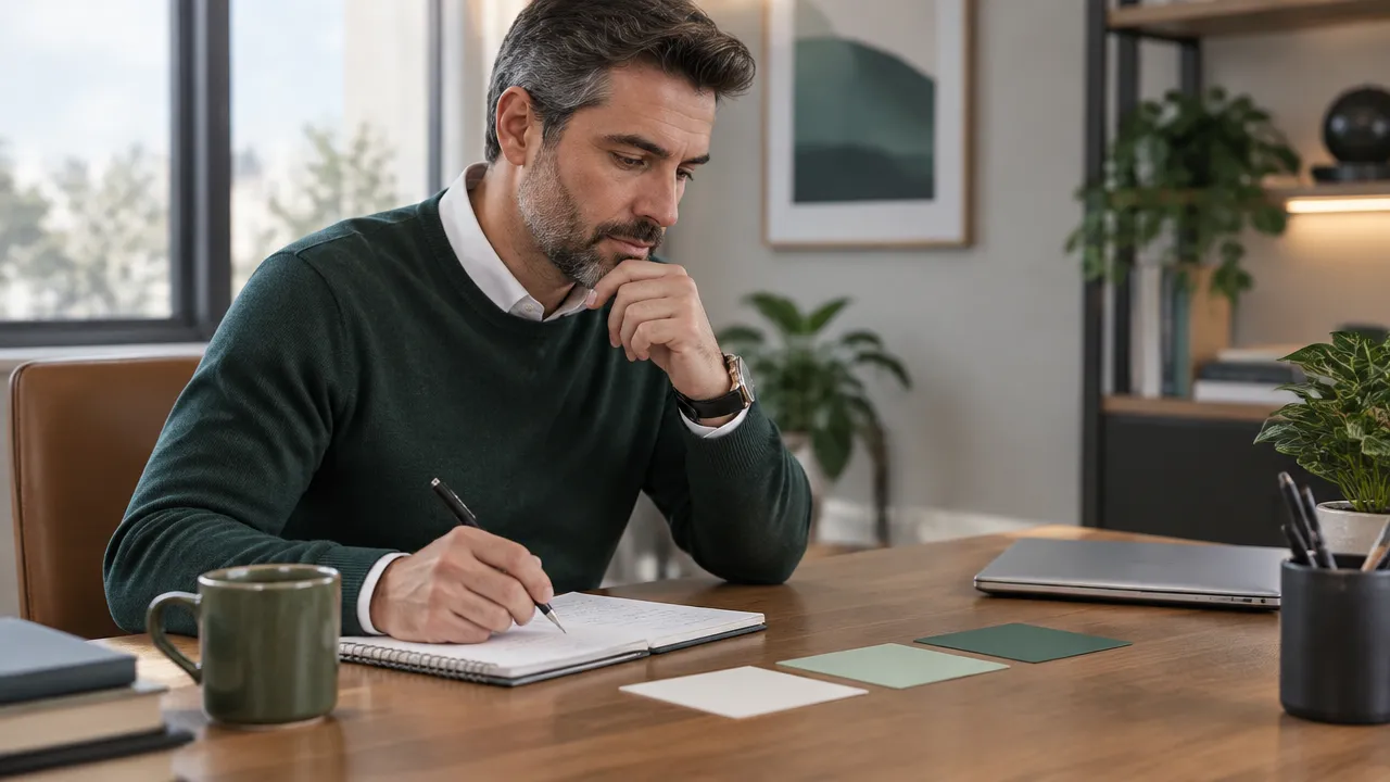 Profissional experiente organiza anotações sobre contexto, ações e resultados para preparar exemplos de entrevista