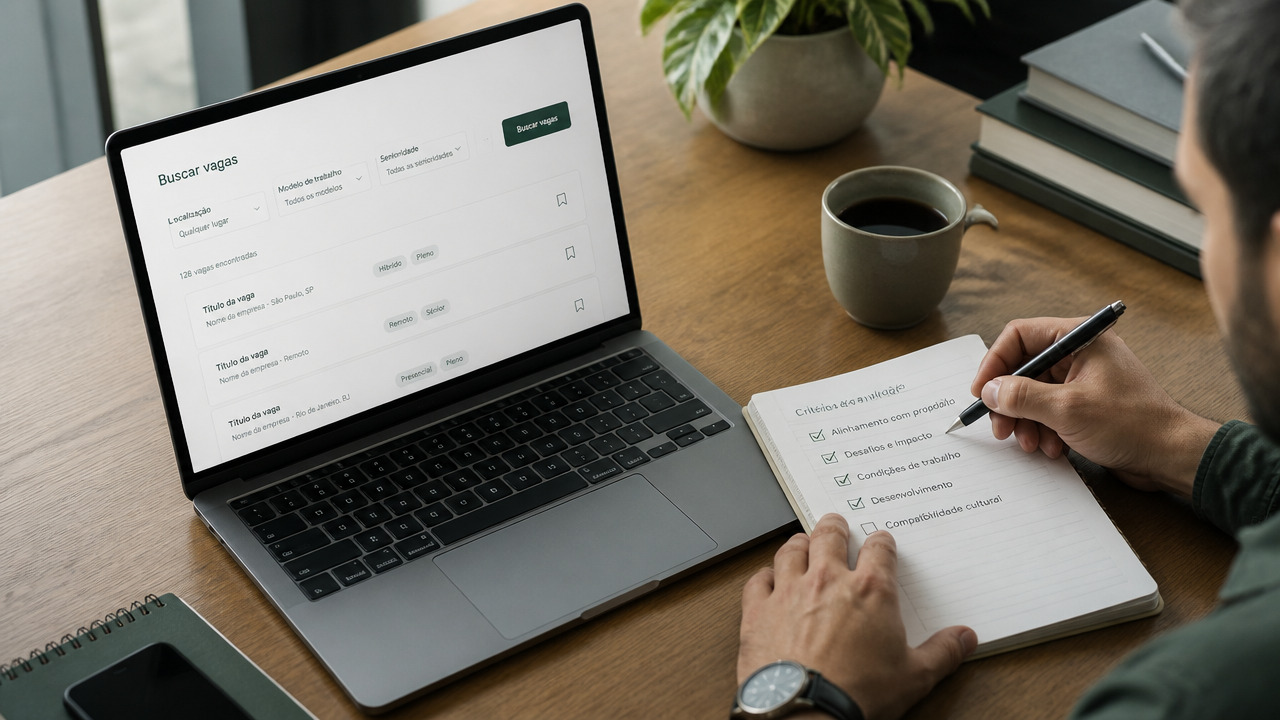 Notebook com filtros de busca de vagas e caderno de critérios ao lado